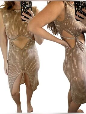 New disco Rhinestone Embellished Cutout Midi Dress - Nude Sz smal stretch